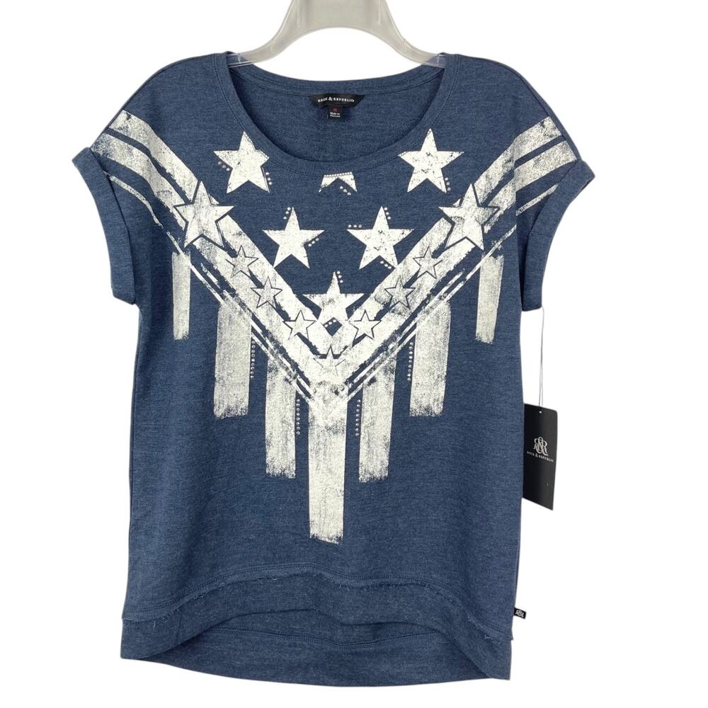 Rock & Republic Women’s M Blue Stars & Stripes Studded Graphic Tee NWT